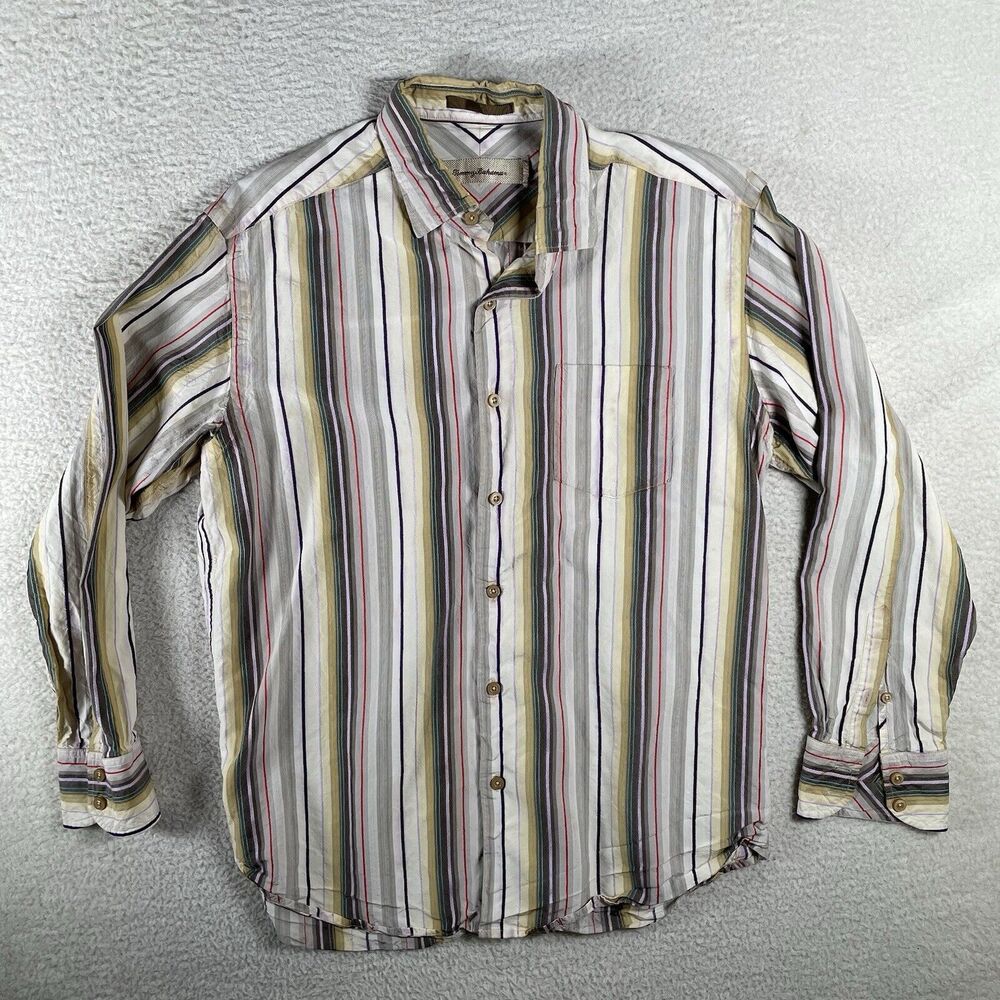 Tommy Bahama Shirt Mens Medium Striped Island Beach Tropical Silk Button READ